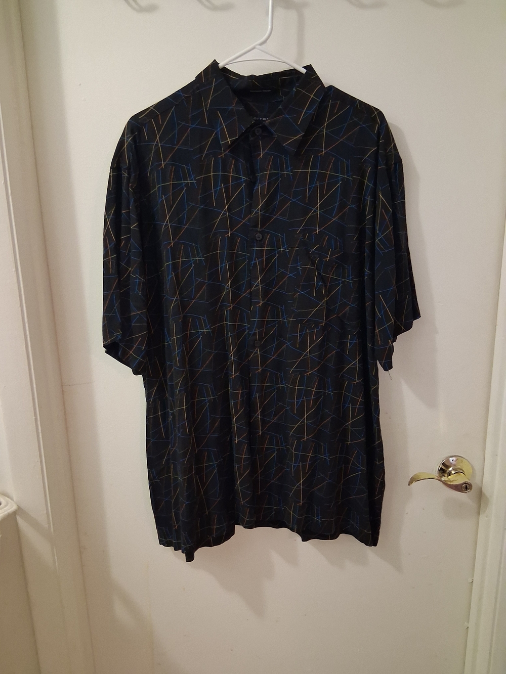 Vintage J. Ferrar Men’s XL  Geometric/Rayon Short Sleeve Blk Collared Polo Shirt - Picture 2 of 5